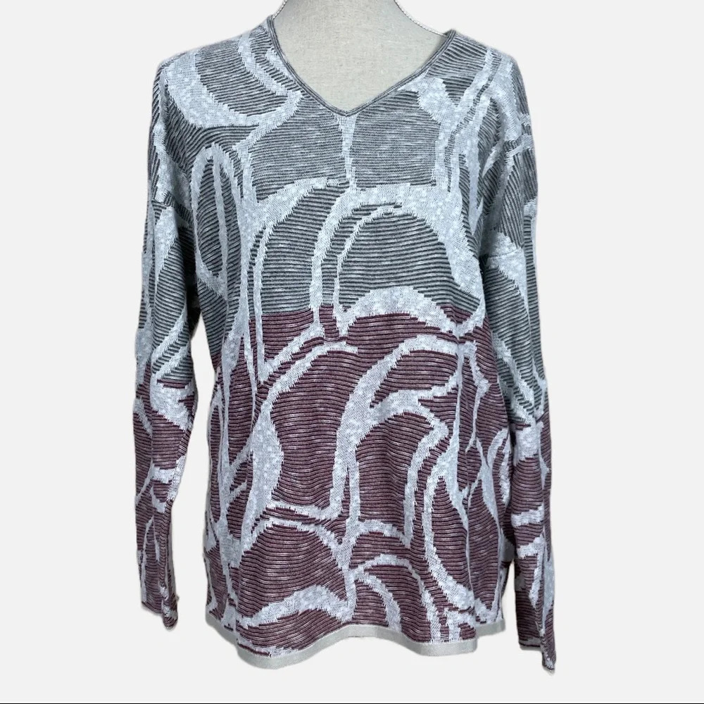 Olsen Europe Top‎ Pullover V-Neck Sweater Sz XL / 16 Colour Block Gray White Red